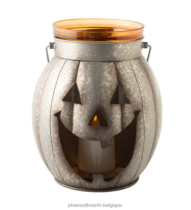 60H0822423 Plow & Hearth lanterne en métal citrouille d'Halloween avec bougie LED vacillante - argent articles ménagers