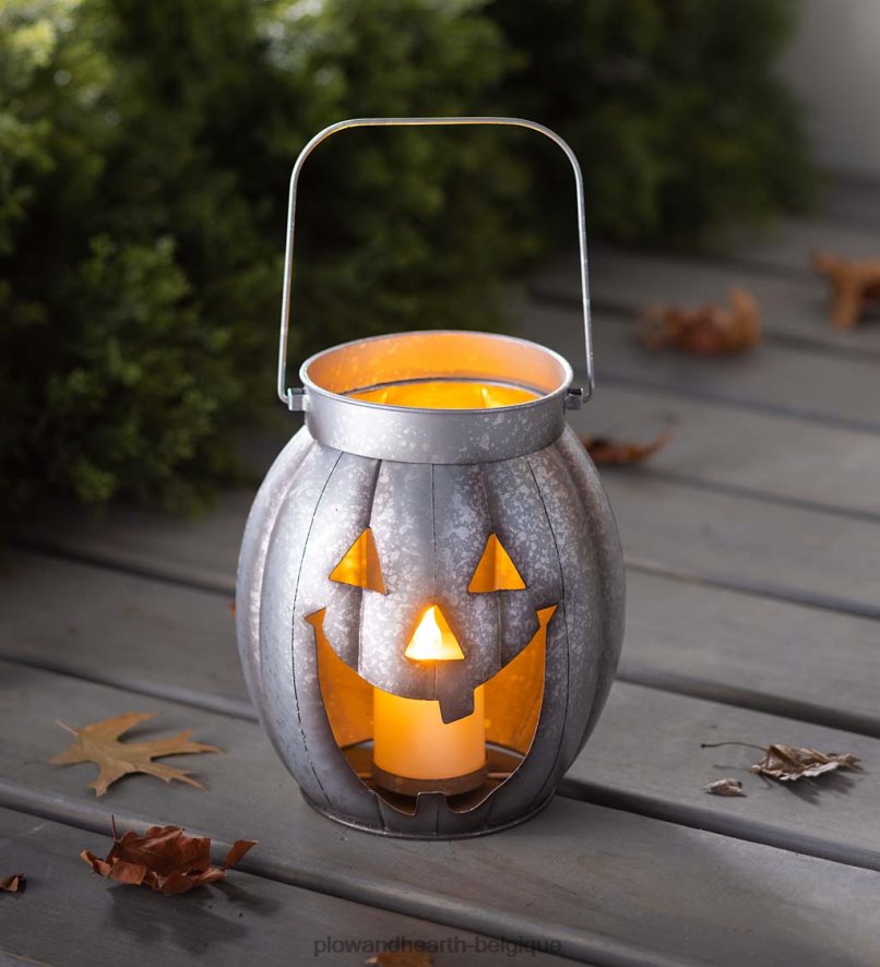 60H0822423 Plow & Hearth lanterne en métal citrouille d'Halloween avec bougie LED vacillante - argent articles ménagers