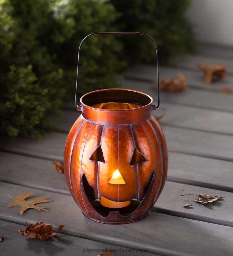 60H0822423 Plow & Hearth lanterne en métal citrouille d'Halloween avec bougie LED vacillante - argent articles ménagers
