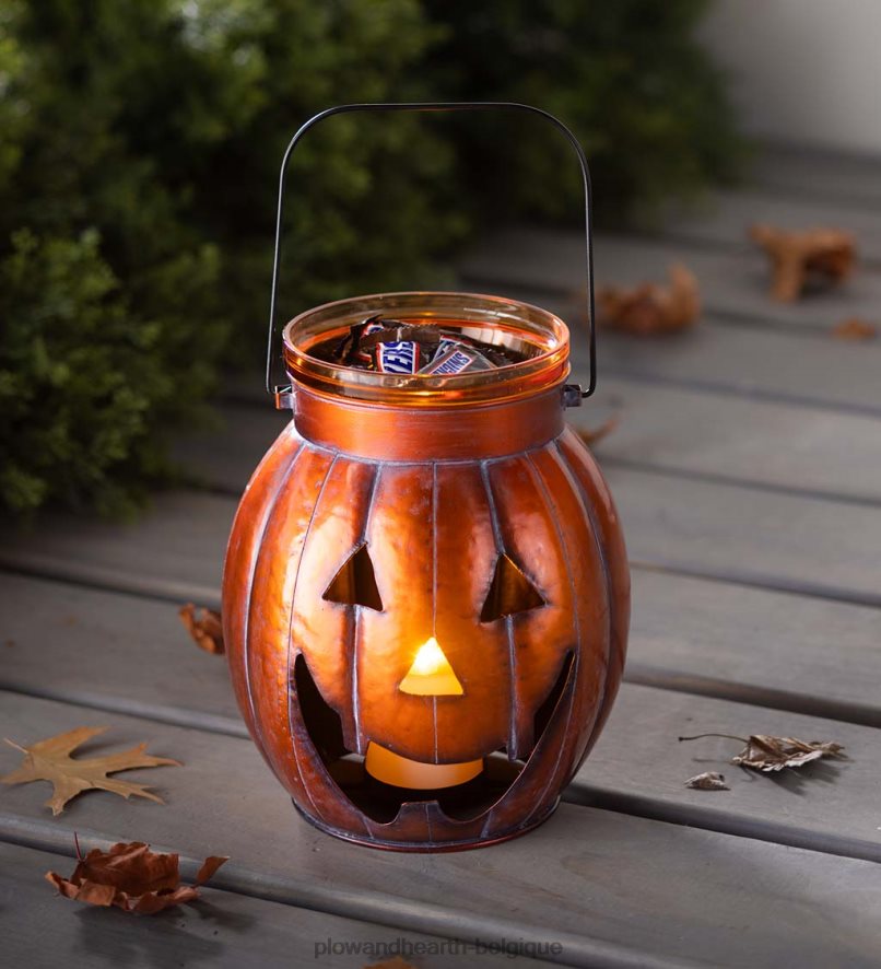 60H0822423 Plow & Hearth lanterne en métal citrouille d'Halloween avec bougie LED vacillante - argent articles ménagers