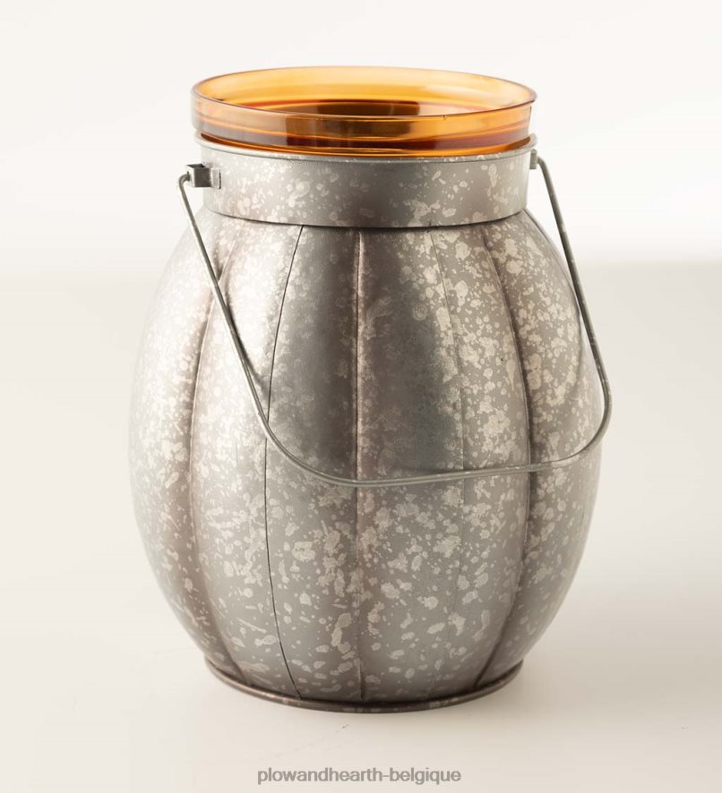 60H0822423 Plow & Hearth lanterne en métal citrouille d'Halloween avec bougie LED vacillante - argent articles ménagers