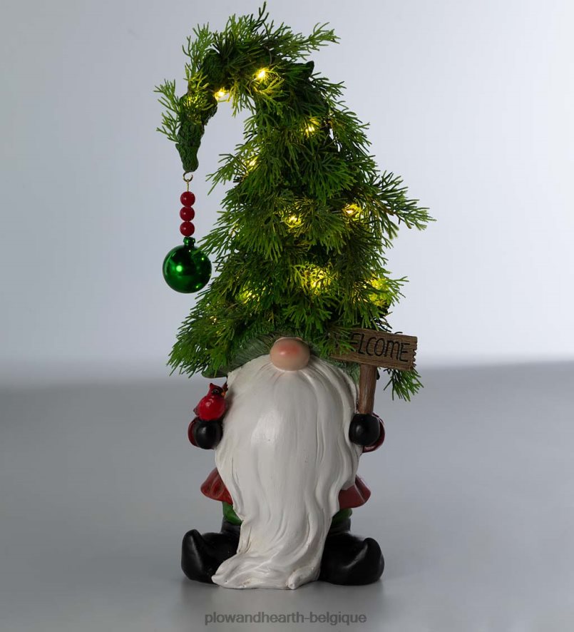 60H0821692 Plow & Hearth Nain de jardin d'arbre de Noël éclairé de vacances avec panneau de bienvenue articles ménagers