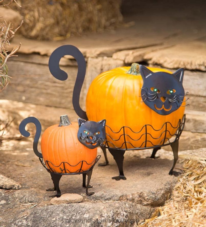60H0821480 Plow & Hearth porte-citrouilles chat d'Halloween avec yeux LED verts, lot de 2 - chat articles ménagers