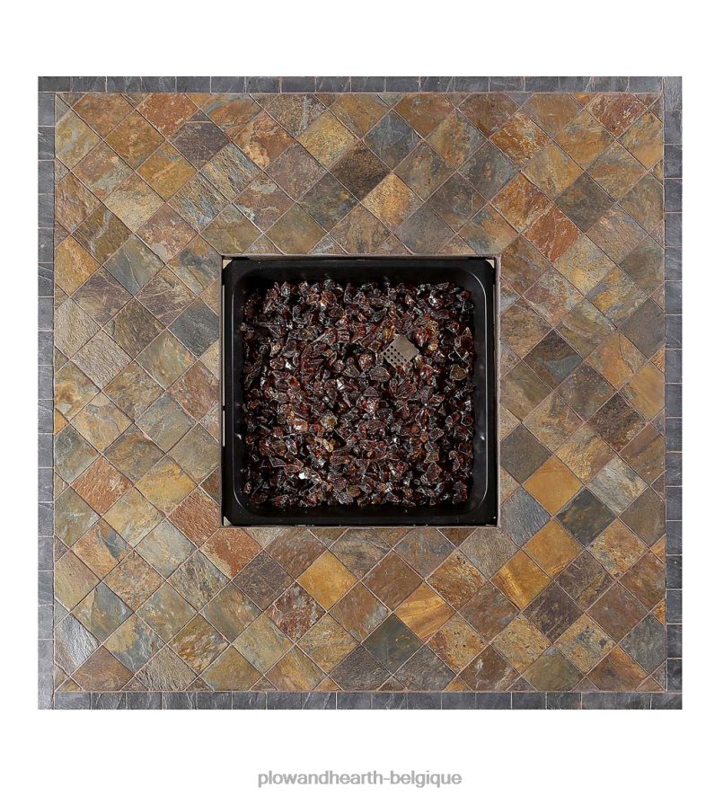 60H0821632 Plow & Hearth Foyer extérieur au gaz LP Kingsbury avec manteau en ardoise et carrelage en marbre, 42 articles ménagers