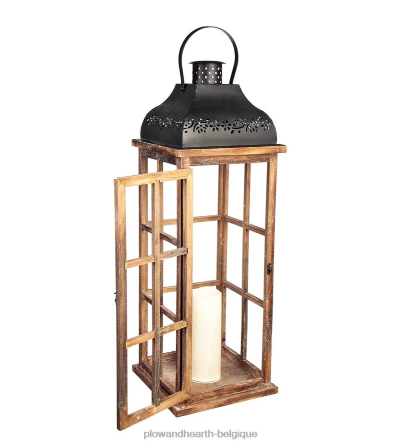 60H082389 Plow & Hearth Ensemble de lanternes emboîtées en bois et métal avec bougies LED cour et jardin