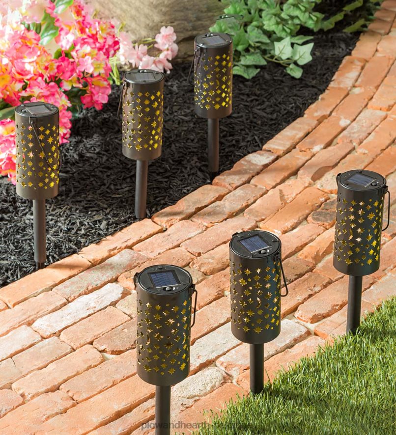 60H082462 Plow & Hearth Lumières de chemin à LED solaires célestes avec ombre, ensemble de 6 cour et jardin