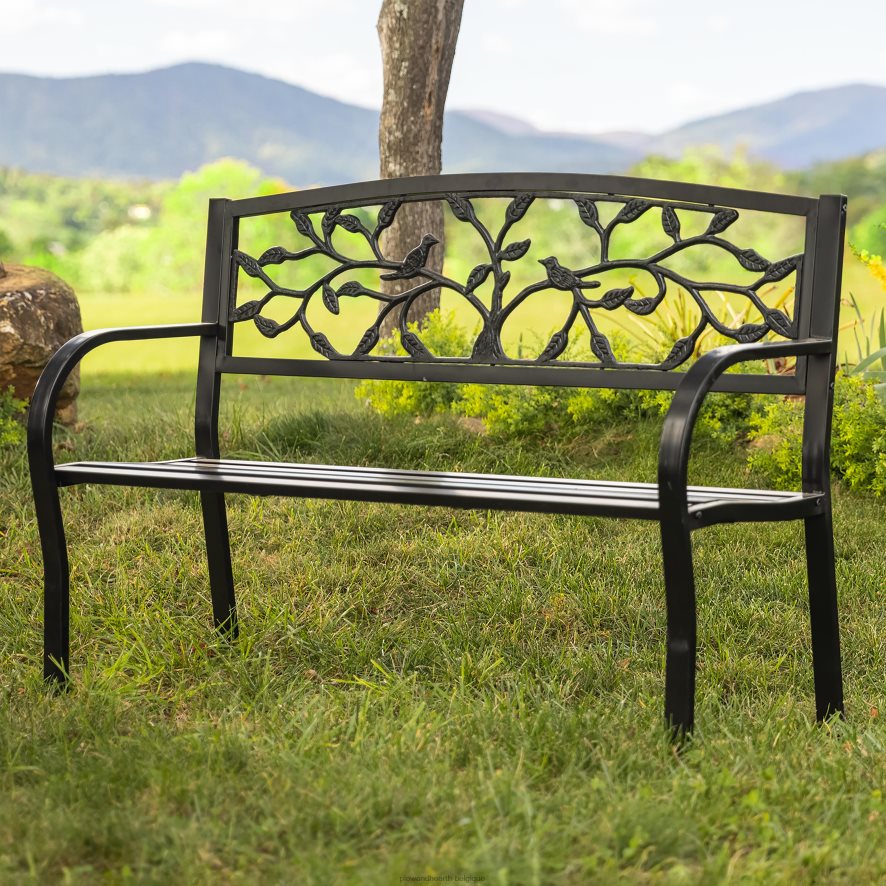 60H082490 Plow & Hearth banc de jardin en métal arbre de vie - noir cour et jardin