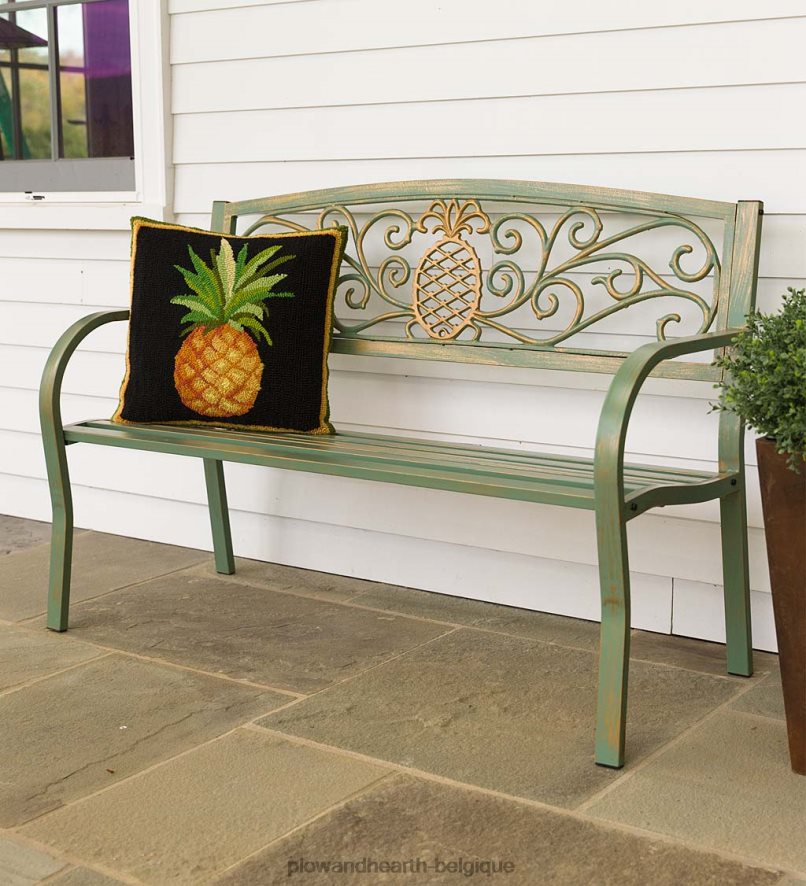 60H082501 Plow & Hearth banc de jardin en métal ananas - vert de gris cour et jardin