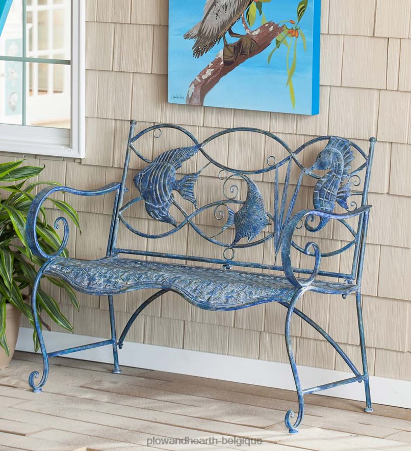 60H082511 Plow & Hearth banc en métal bleu poissons tropicaux cour et jardin