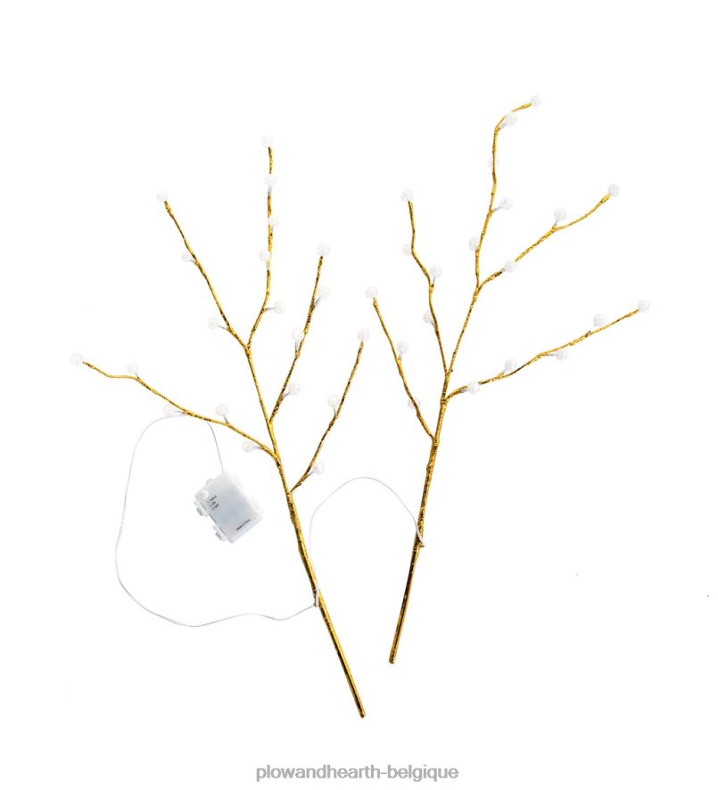 60H08227 Plow & Hearth branches métalliques dorées intérieur/extérieur avec lumières blanc chaud, lot de 2 cour et jardin