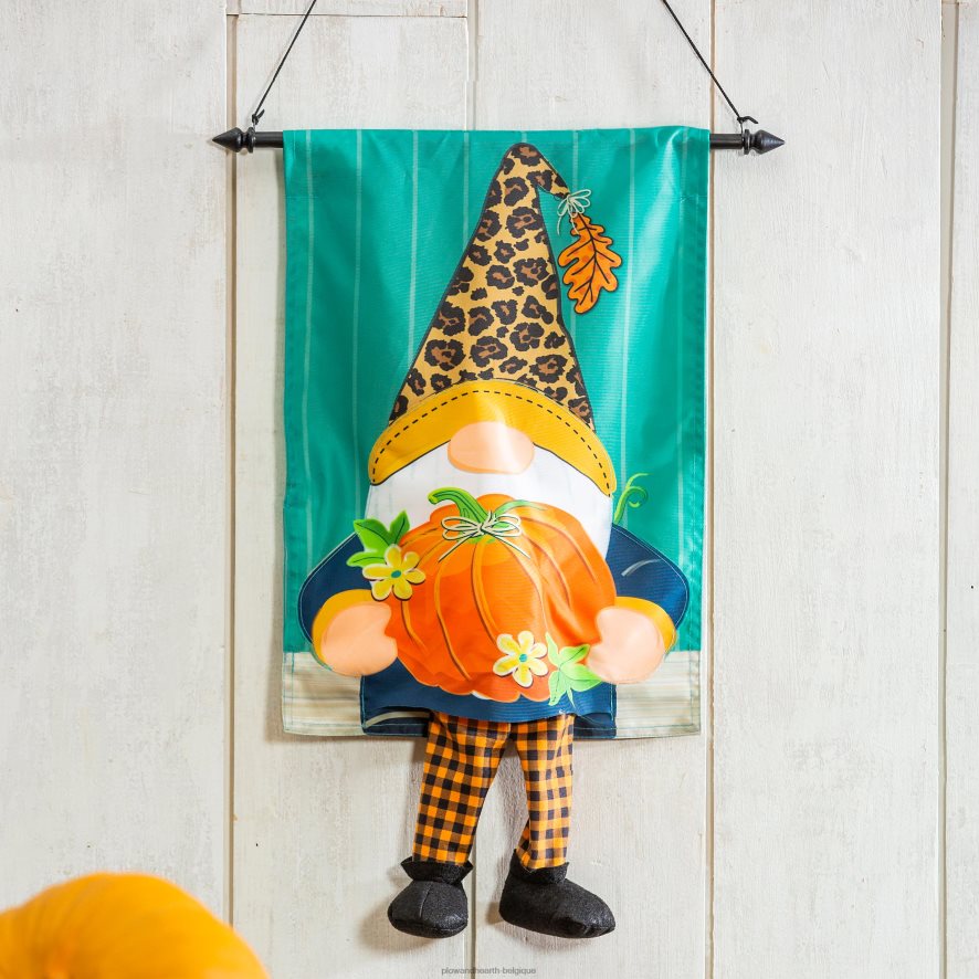 60H082522 Plow & Hearth gnome d'automne avec drapeau kickin de jardin de citrouilles cour et jardin