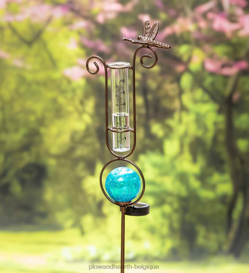 60H082281 Plow & Hearth Piquet de jardin solaire avec pluviomètre libellule - bleu cour et jardin