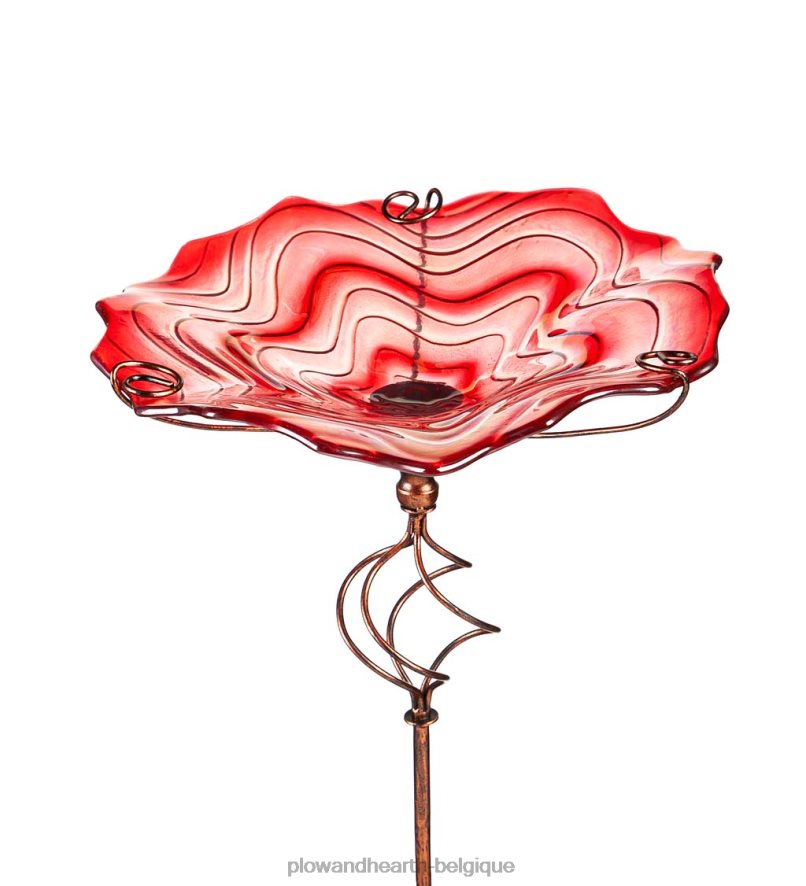 60H082442 Plow & Hearth Bain d'oiseaux en verre tourbillonnant rouge avec piquet de jardin cour et jardin