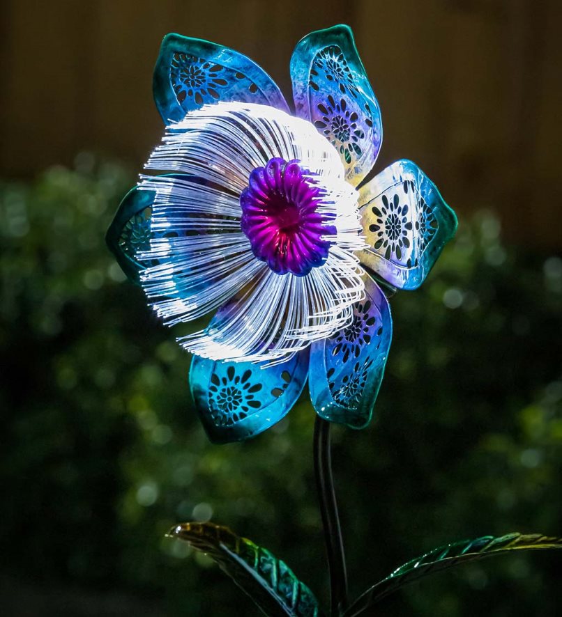 60H082446 Plow & Hearth Piquet de jardin solaire à fibre optique florale - bleu cour et jardin
