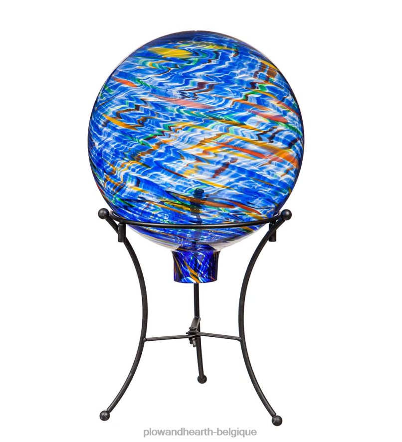 60H082313 Plow & Hearth Boule d'observation tourbillonnante en verre d'art avec support - bleu royal cour et jardin