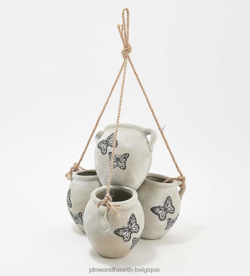 60H0821002 Plow & Hearth jardinière suspendue à quatre pots vintage - libellules en terre cuite cour et jardin