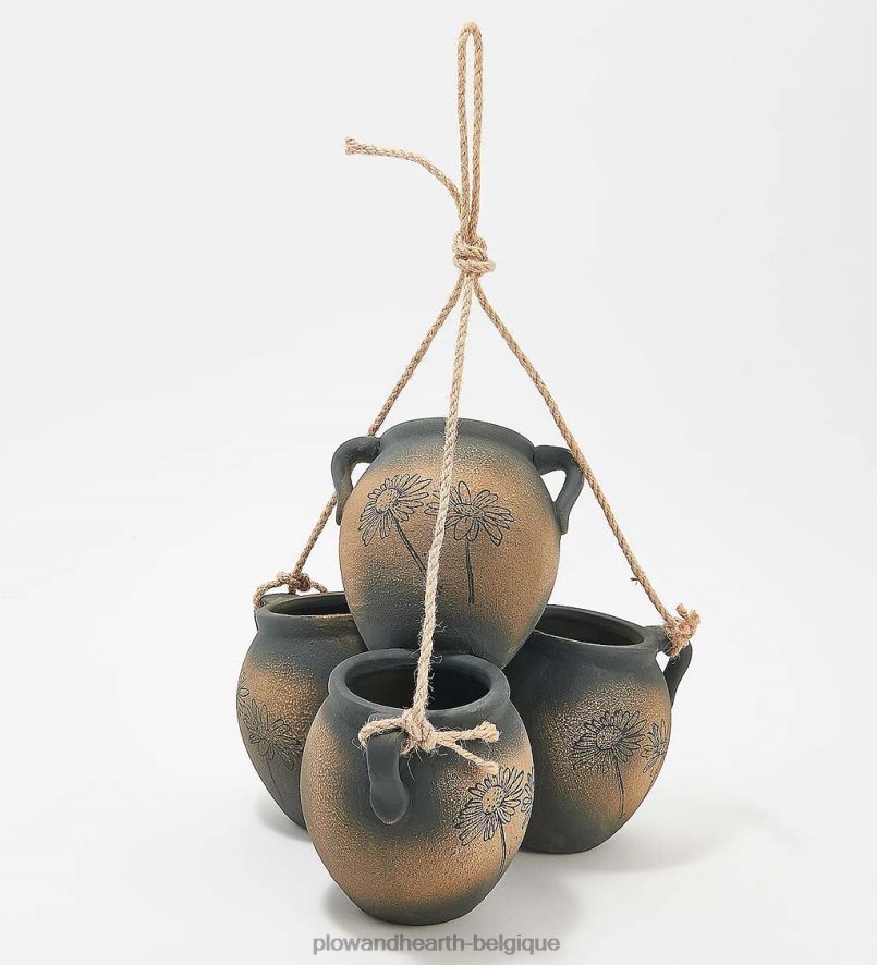 60H0821002 Plow & Hearth jardinière suspendue à quatre pots vintage - libellules en terre cuite cour et jardin