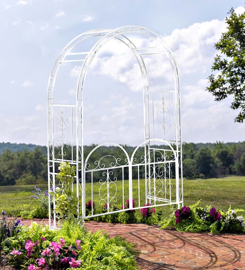 60H082663 Plow & Hearth tonnelle de jardin en métal à volutes montebello colorées avec portail - vert cour et jardin