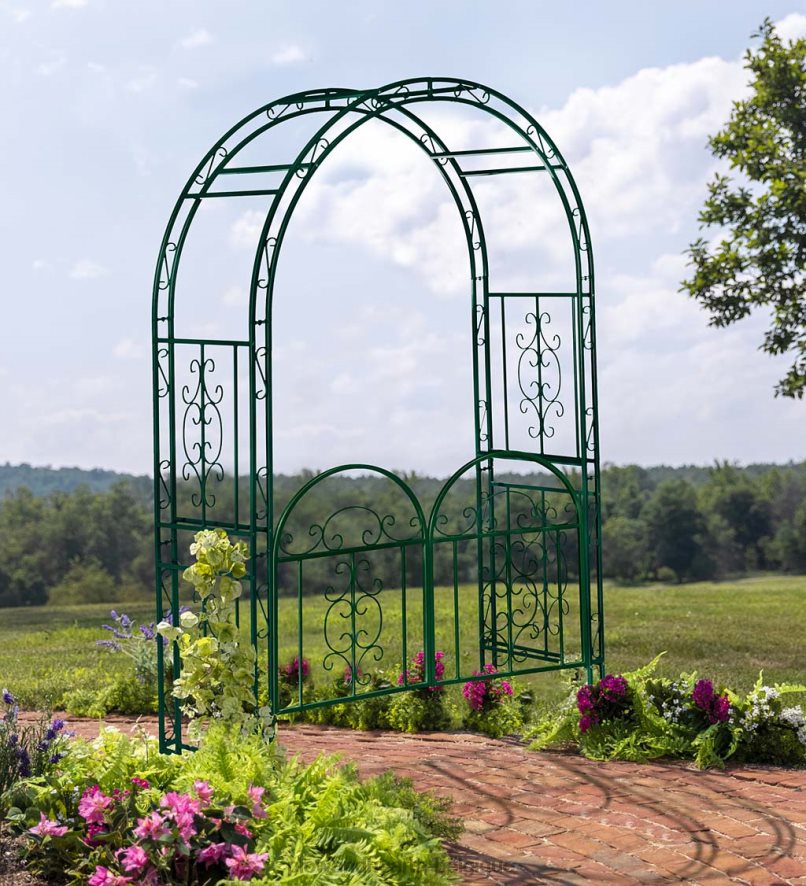60H082663 Plow & Hearth tonnelle de jardin en métal à volutes montebello colorées avec portail - vert cour et jardin