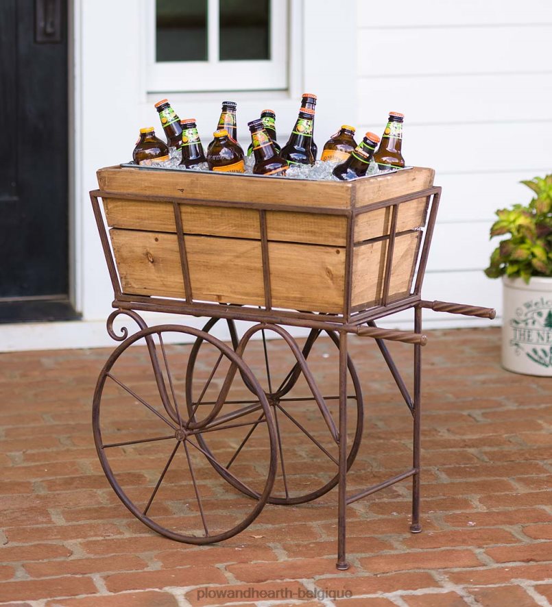 60H082952 Plow & Hearth jardinière/porte-boissons en bois avec roues cour et jardin