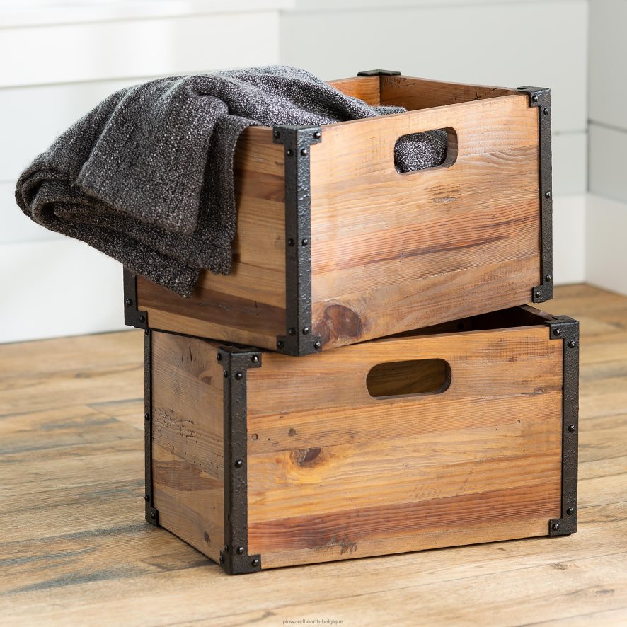 60H0822108 Plow & Hearth caisses de rangement en bois rustique Deep Creek, ensemble de 2 meubles