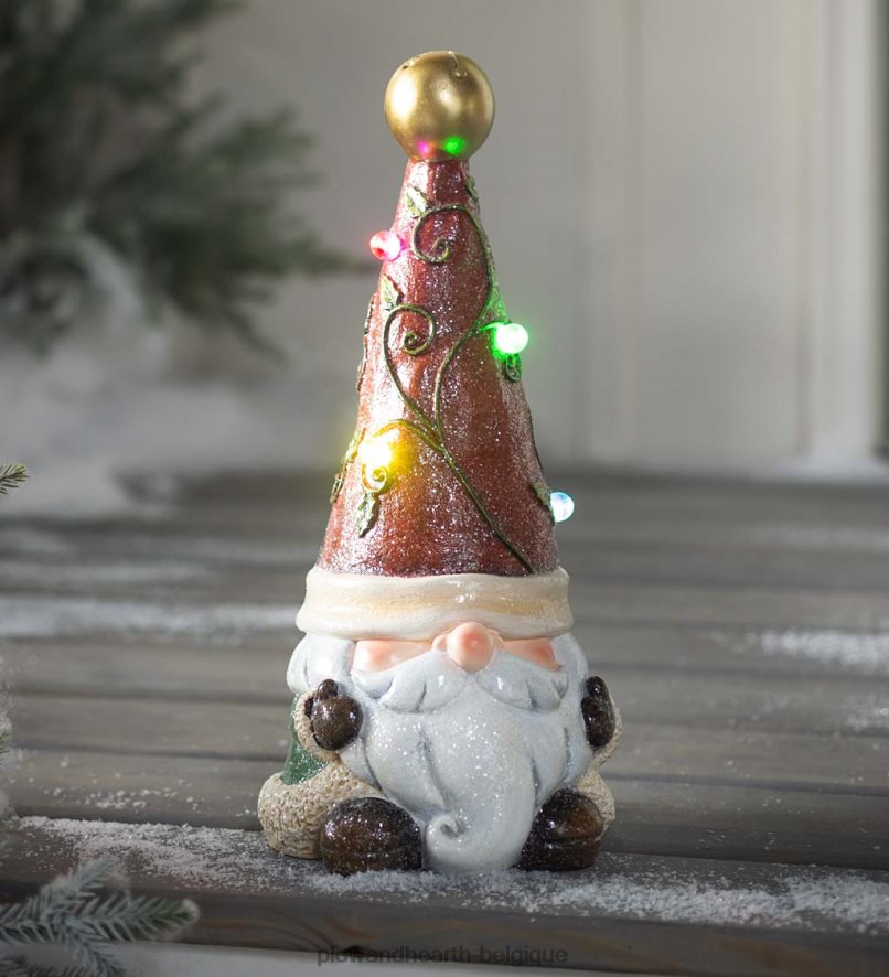 60H0822994 Plow & Hearth Statue de nain de jardin de vacances éclairée avec chapeau d'arbre de Noël saisonniers et cadeaux