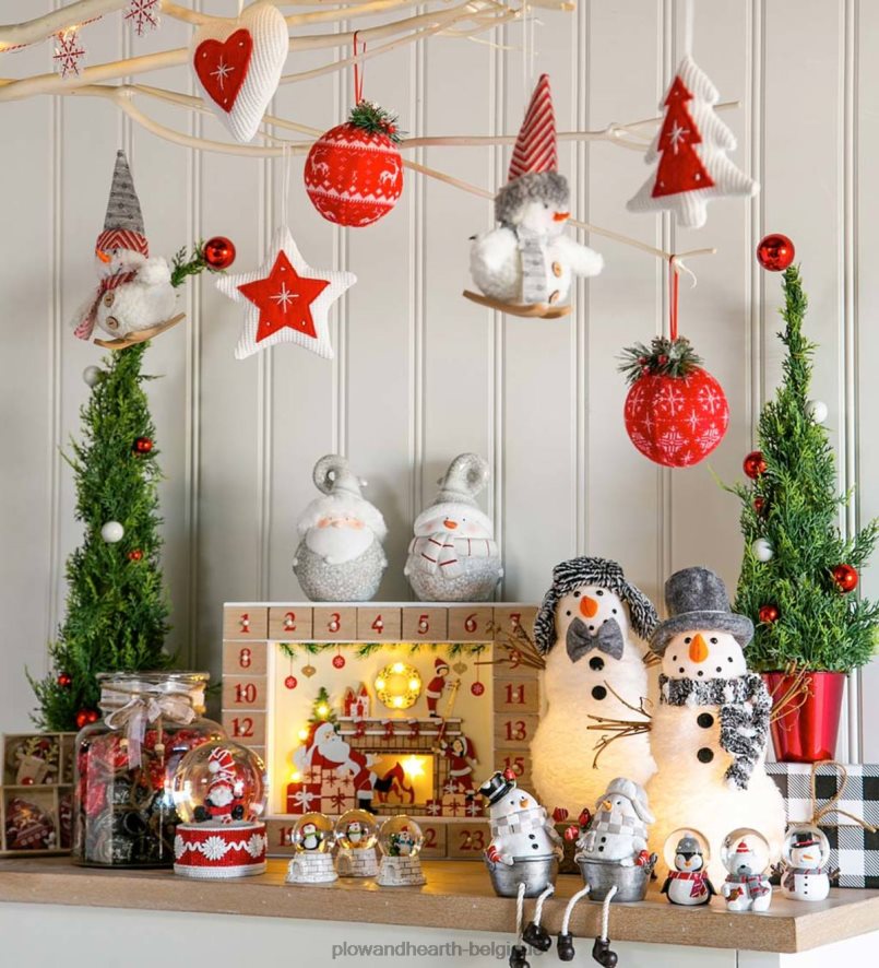 60H0822210 Plow & Hearth faux arbres avec ornements dans des pots rouges, lot de 2 saisonniers et cadeaux