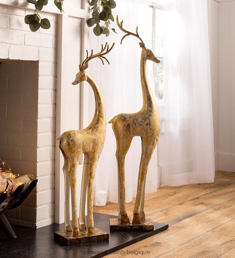 60H0822217 Plow & Hearth statues de cerfs en fer doré et blanc saisonniers et cadeaux