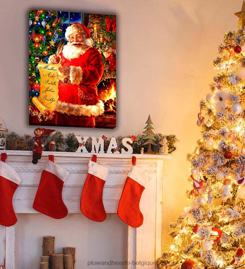 60H0822221 Plow & Hearth toile d'art mural personnalisée avec la liste du Père Noël illuminée saisonniers et cadeaux
