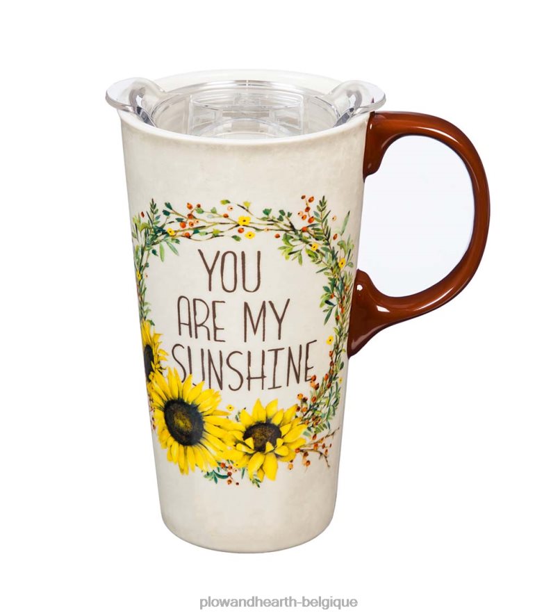 60H0823080 Plow & Hearth tasse de voyage en céramique tournesols et soleil avec boîte et couvercle en tritan - tournesol saisonniers et cadeaux