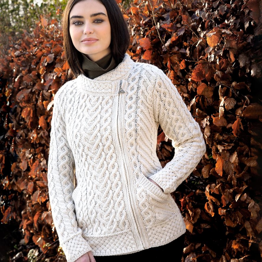 60H0823048 Plow & Hearth cardigan irlandais en laine mérinos pour femme avec fermeture éclair latérale et cœur - naturel - s saisonniers et cadeaux